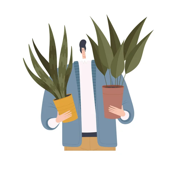 Щасливий чоловік тримає рослини. Ізольовані на білому тлі . — стоковий вектор