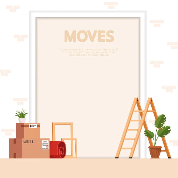 Mozgó jelenet dobozokkal, lépcsőkkel, keretekkel, szőnyegekkel és beltéri növényekkel fehér alapon. — Stock Vector