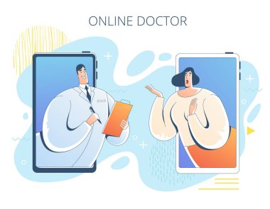 The doctor is consulting using the device. Concept banner for online doctors.