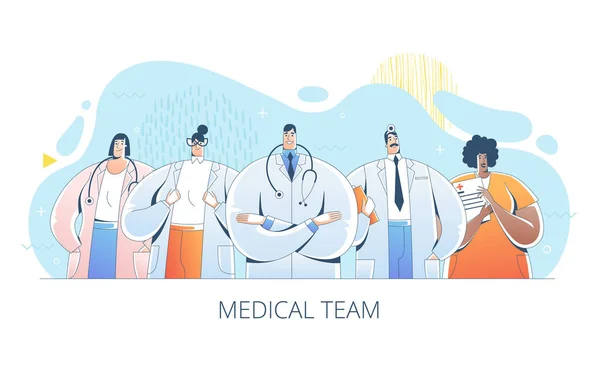 Μια ομάδα επαγγελματιών γιατρών στέκονται μαζί. Χειροποίητες επίπεδες διανυσματικές απεικονίσεις. — Διανυσματικό Αρχείο