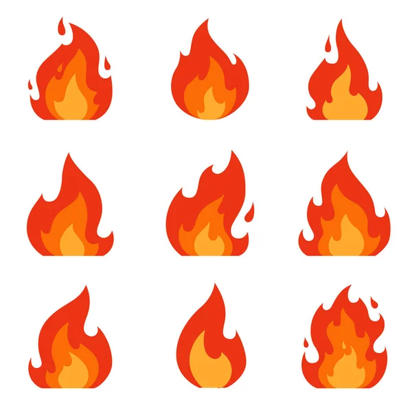 Bir dizi ateş ikonu. Farklı şekillerde alev tasarımı. Şenlik ateşi — Stok Vektör