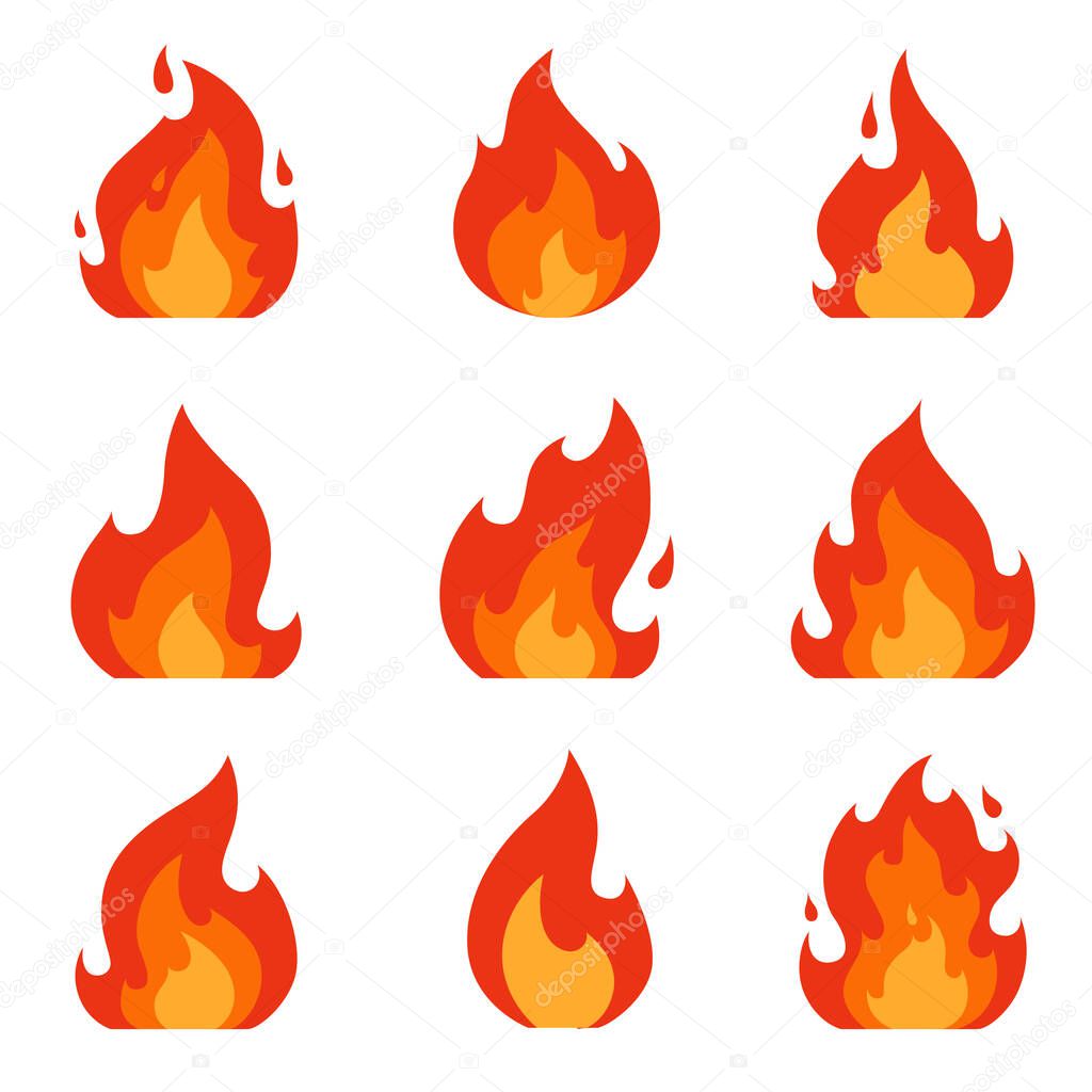 Set of fire icons. Flame design of different shapes. Bonfire images
