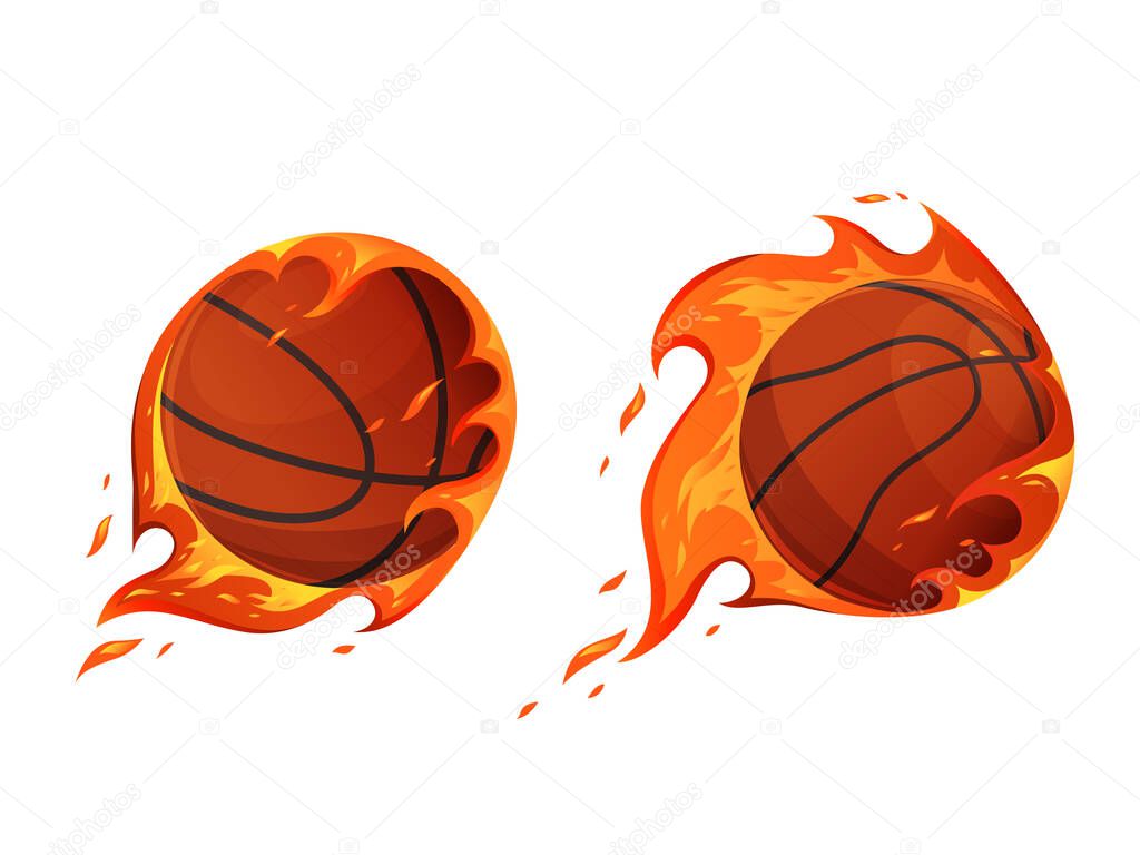 Basketballs on fire. Burning ball shots. Sports concept. Cartoon flat vector illustration. Isolated on a white background.