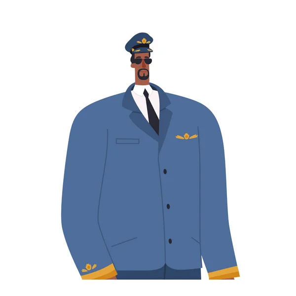 A professional African American airplane pilot stands confidently in his eyes and pilots hat. — Stock Vector