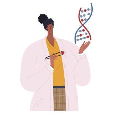 Afrikalı Amerikalı biyolog DNA sarmalı tutuyor. Genetik Afrikalı Amerikalı kadın DNA moleküllerini sıralıyor.