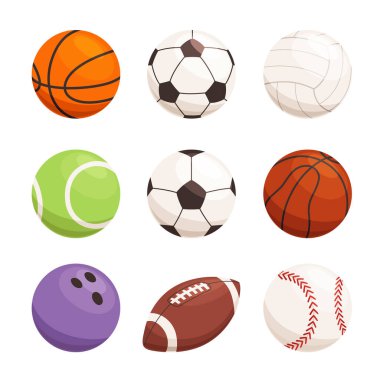 Farklı sporlar için taşak takımı. Futbol, basketbol, hentbol için spor aletleri. Modern Spor Simgeleri
