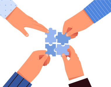 İnsanlar elleriyle bulmaca çözerler. Takım çalışması ve işbirliği kavramı.