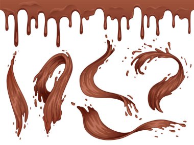 Bir dizi sıçrama ve sıvı sıcak çikolata. Çikolata pürüzsüz sınır
