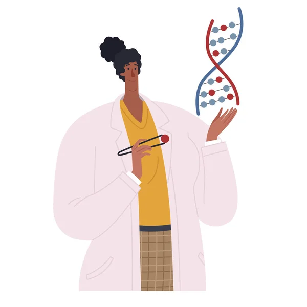 Científica bióloga afroamericana sosteniendo una espiral de ADN en sus manos. Genetista mujer afroamericana secuenciando molécula de ADN — Archivo Imágenes Vectoriales