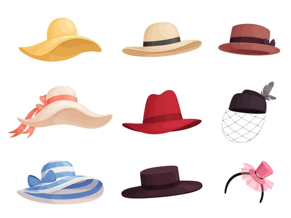 Állítsa be a nők divatos kalapokat a különböző színek és stílusok retro stílusban. Elegáns széles karimájú kalap, panama, gaucho, fedora. — Stock Vector