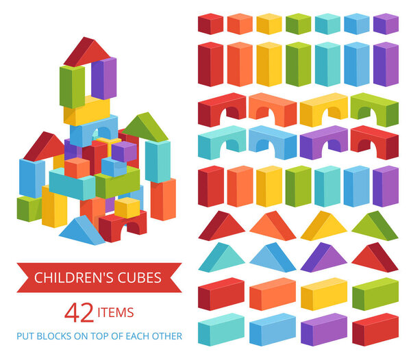 A set of childrens cubes in different colors for making castles and towers. Childrens educational game