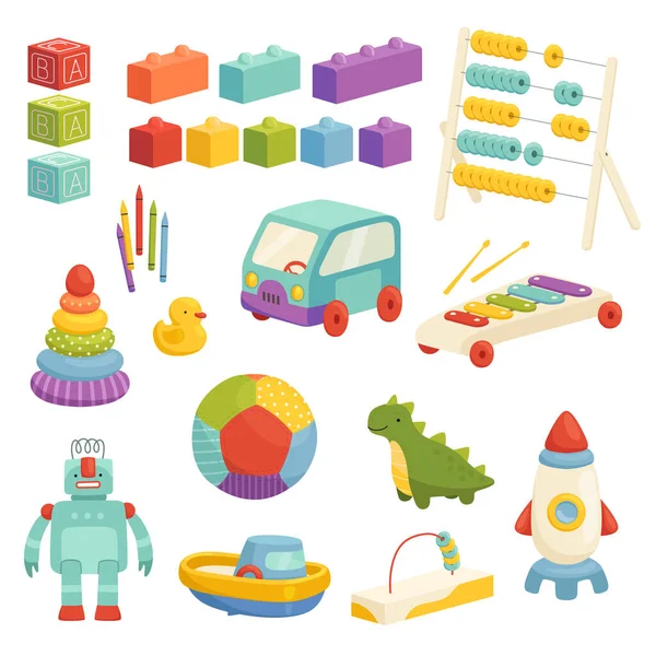 Uppsättning barnens pedagogiska leksaker med en söt design. Rolig boll, raket, konstruktör och andra logiska spel. — Stock vektor