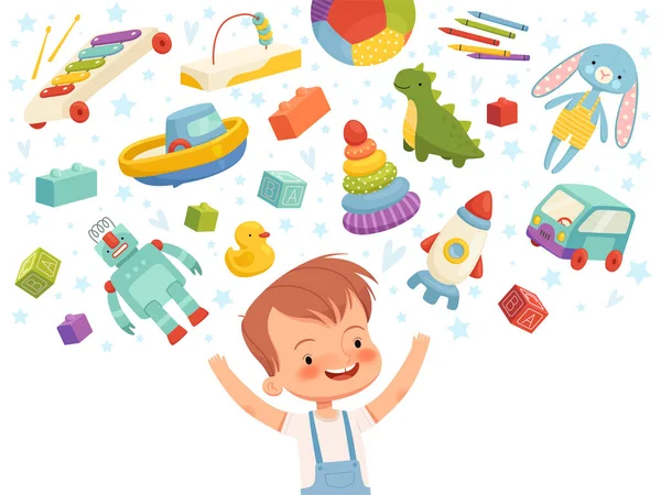 Радостный мальчик с разными игрушками, летающими вокруг. Концепция детских мечтаний о детских игрушках. — стоковый вектор