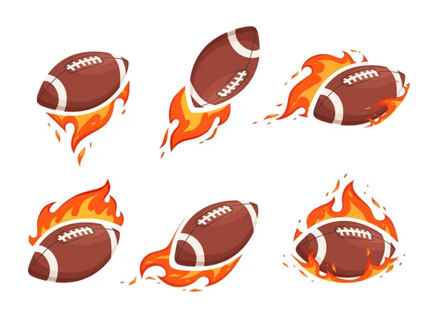 Um conjunto de imagens de bolas para futebol americano e rugby em chamas. O conceito de confronto quente e queima lança — Vetor de Stock