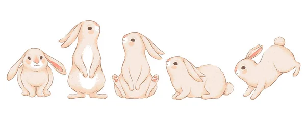 Set of cute funny rabbits in different poses. Imitation of handmade watercolor — Stock Vector