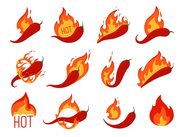 Juego de chiles picantes en llamas. Iconos para la comida picante de pimienta — Vector de stock