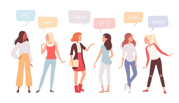 Skupina šťastných žen různých národností vás pozdravuje v různých jazycích. Mezinárodní den žen — Stockový vektor