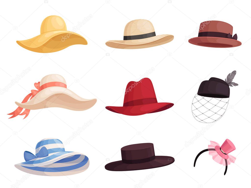Set of womens fashionable hats of different colors and styles in retro style. Elegant broad-brimmed hat, panama, gaucho, fedora.