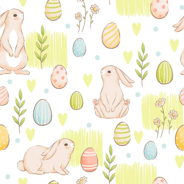 A cute seamless pattern with rabbits, carrots and colored eggs. Easter spring design with buns. Imitation of handmade watercolors