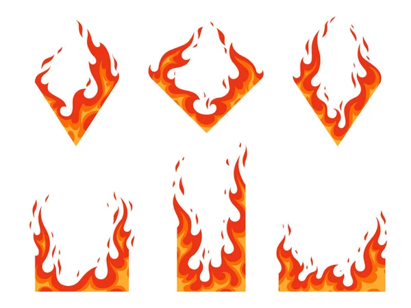 Ateş çerçevelerinin vektör seti. Sıcak yak, güç ısısı, enerji yanıcı çizimler. Elmas şeklinde alev ve farklı tasarım için dikdörtgen. — Stok Vektör