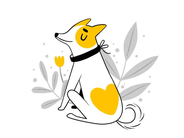 Um cão engraçado com um ponto na forma de um coração senta-se e sorri entre flores e folhas. Cartão bonito com um cachorro —  Vetores de Stock