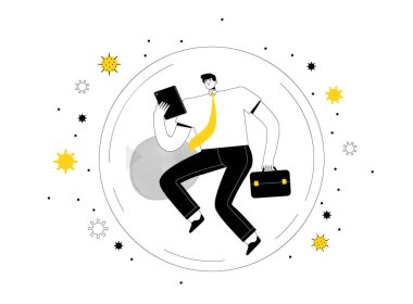 Elinde tablet ve koruyucu baloncukta evrak çantası olan bir işadamı koronavirüsten tasarruf ediyor.