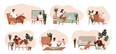 İnsanların ev aktiviteleri. Hobileri ve hobileri olan sahneler. Televizyon izlemek, ukulele çalmak, kitap okumak.