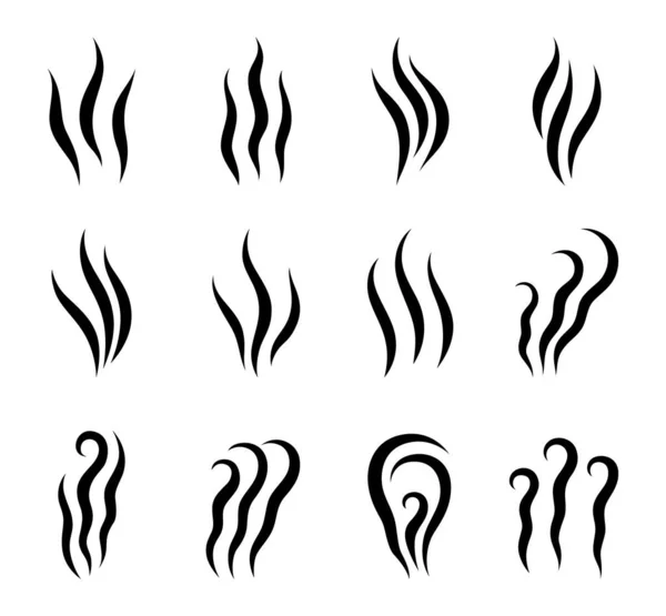 Set van zwarte iconen van geuren, stoom, rook en mist. Luchtstralen, verdampingsgolven en de geur van aroma 's — Stockvector