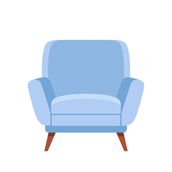 Stylish blue flat karton style comfortable armchair. Part of the interior of a living room or office. Isolated on white background