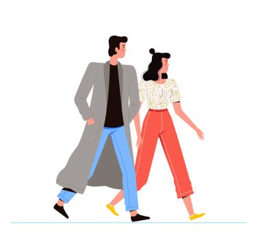 Sokakta birlikte yürüyen genç adam ve kadın. Şık giyinmiş insanlar yürüyor. Beyaz arkaplanda izole