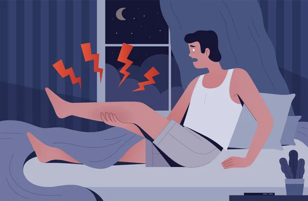 De man werd 's nachts wakker van ernstige pijn. Een man heeft kramp in zijn eigen bed. Het concept van plotselinge pijn in het midden van de nacht — Stockvector