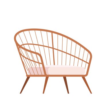 Hasır hasır, düz çizgi film tarzında rahat bir sandalye. Oturma odasının ya da bahçenin bir kısmı. Beyaz arkaplanda izole