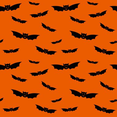 Siyah uçan yarasalarla kusursuz bir Cadılar Bayramı deseni. Kağıt, kartpostal, tekstil ve kostümler için turuncu arka planda yarasa siluetleri. Vektör illüstrasyonu izole edildi. Cadılar Bayramı süslemeleri