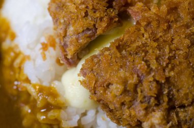 Peynirli tonkatsu domuz pirzolasını pirinçle kapat. seçici odak