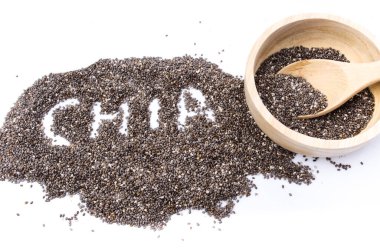 Chia tohumları. Chia tohumlarından yapılmış Chia kelimesi. Seçici odak