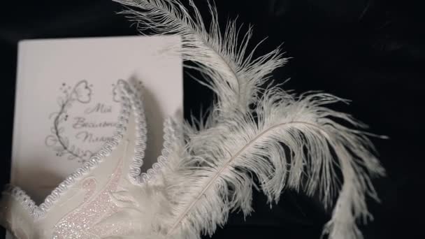 ピンクのスパンコールと長い羽を持つカーニバルの白いマスクと結婚式のパーソナルグライダーノートは 正方形のラフなかかととサンダルの近くの黒い革の椅子に立つ — ストック動画
