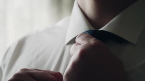 White Elegantly Dressed Man White Shirt Blue Tie Stands Window — Stock Video