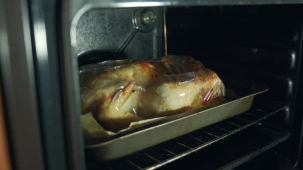 Navidad Gente Hornea Pollo Una Bolsa Comida Para Disfrutar Carne — Vídeo de stock