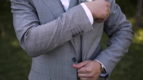 Caucasian Man Wedding Ring His Arm Gray Suit Vest Bow — Stock Video