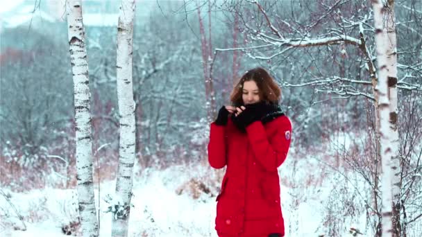 Bella Ragazza Trova Inverno Nella Neve Vicino Alle Betulle Congela — Video Stock