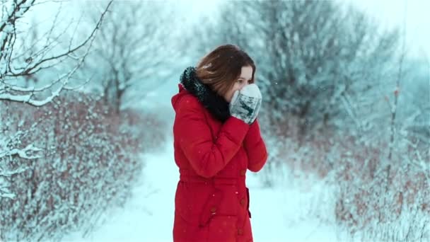 Young Fragile Woman Stands Cold Freezes Rubs Her Red Nose — ストック動画