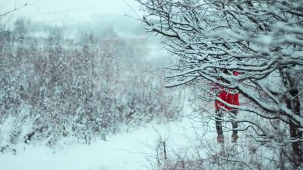 Triste Femme Essoufflée Monte Chemin Enneigé Regarde Autour Lui Voit — Video