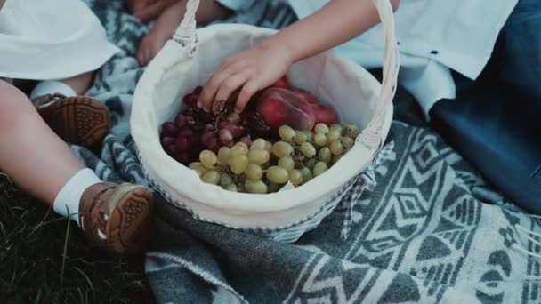 Koszyku Świeże Organiczne Winogrona Brzoskwinie Jabłka Chłopak Wyciąga Jagodę Zjeść — Wideo stockowe