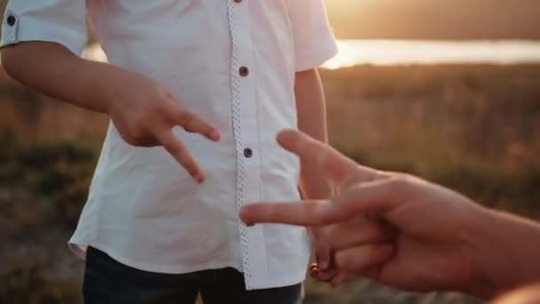 Father Boy Playing Rock Paper Scissors First Man Child Scissors — Stock Video