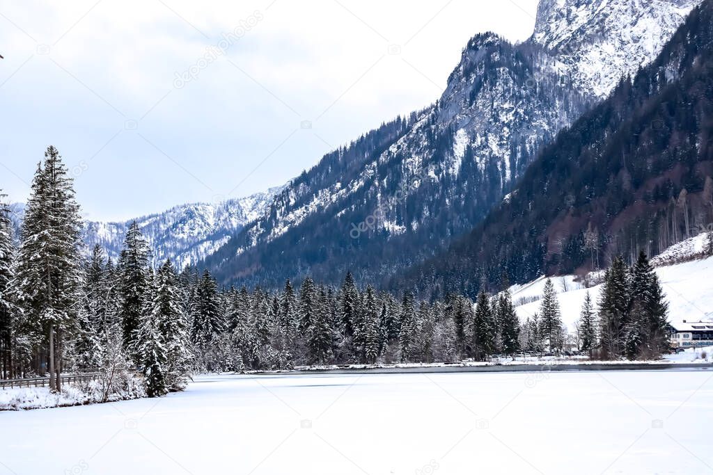 Winter scenery at lake Hintersee in the Bavarian alps near Berchtesgaden. The lake is frozen and snow is covering the trees and mountains.