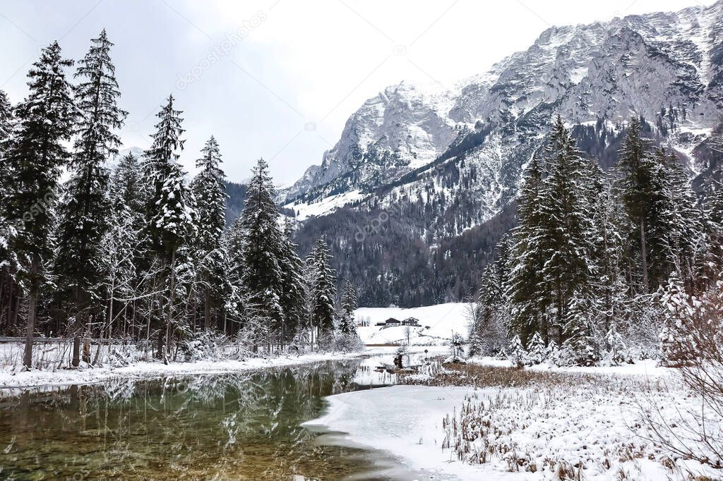 WInter scenery at lake Hintersee in the Bavarian alps in Germany.