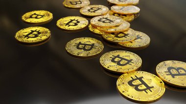Masanın üzerindeki kripto para birimi bitcoin Merkezi Maliye Varlık çizimi, 3D görüntüleme