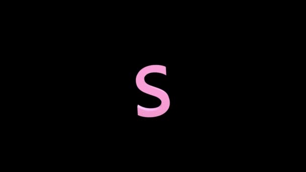 3D-Buchstabe rosa Farbe auf schwarzem Hintergrund mit Alphakanal. 3D-Animation mit Wirkung auf das Aussehen und die Rotation des Buchstabens S. 3D-Darstellung eines isolierten Buchstabens S, Alphabet. Volle HD-Qualität.