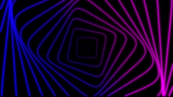 幾何学的な正方形の形 黒い背景に変位効果を持つネオン広場のアニメーションの動き 電波効果 催眠効果でループアニメーション レトロなスタイル 抽象的な背景 — ストック動画