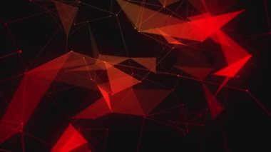 Geometrik şekillerin hareketli animasyonu. Pleksus etkisi. Uzaydaki çizgi ve noktaların kaotik hareketi. Siyah arkaplanda kırmızı üçgenler parlıyor. Sosyal ağlar için video arka planı, sunumlar. 4k